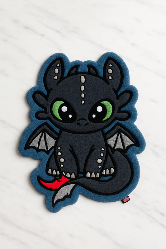 Dragon-inspired black cartoon character hand-tufted rug on marble floor