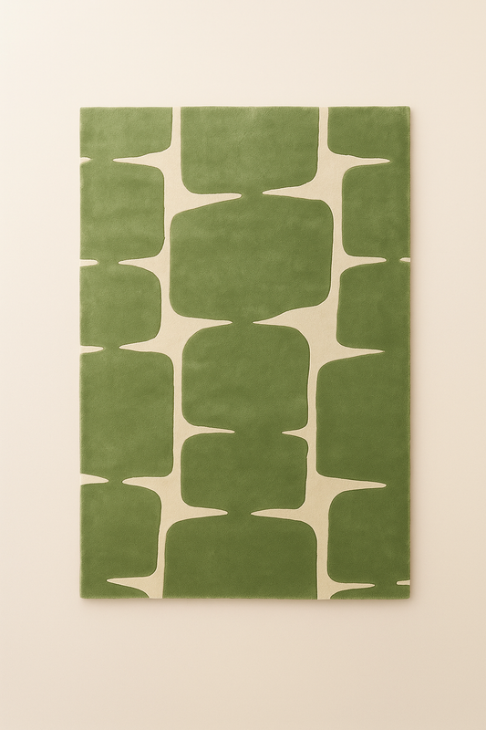 Olive green abstract hand-tufted rug with cream geometric pattern in rectangular shape