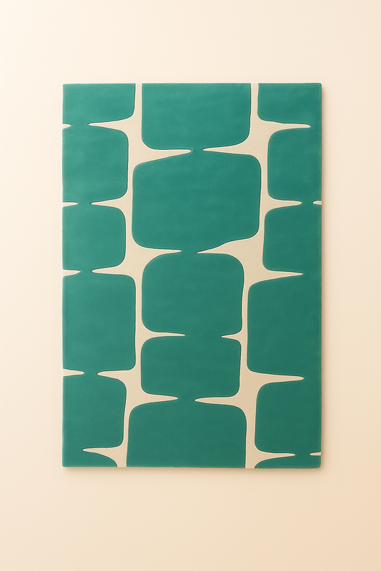 Teal abstract hand-tufted rug with cream geometric pattern in rectangular shape