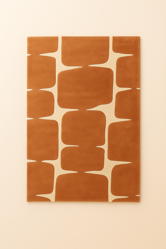 Terracotta abstract hand-tufted rug with cream geometric pattern in rectangular shape